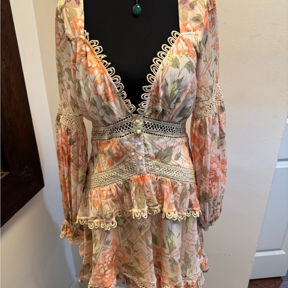 ASOS Floral Long Sleeve Dress - Orange and Green